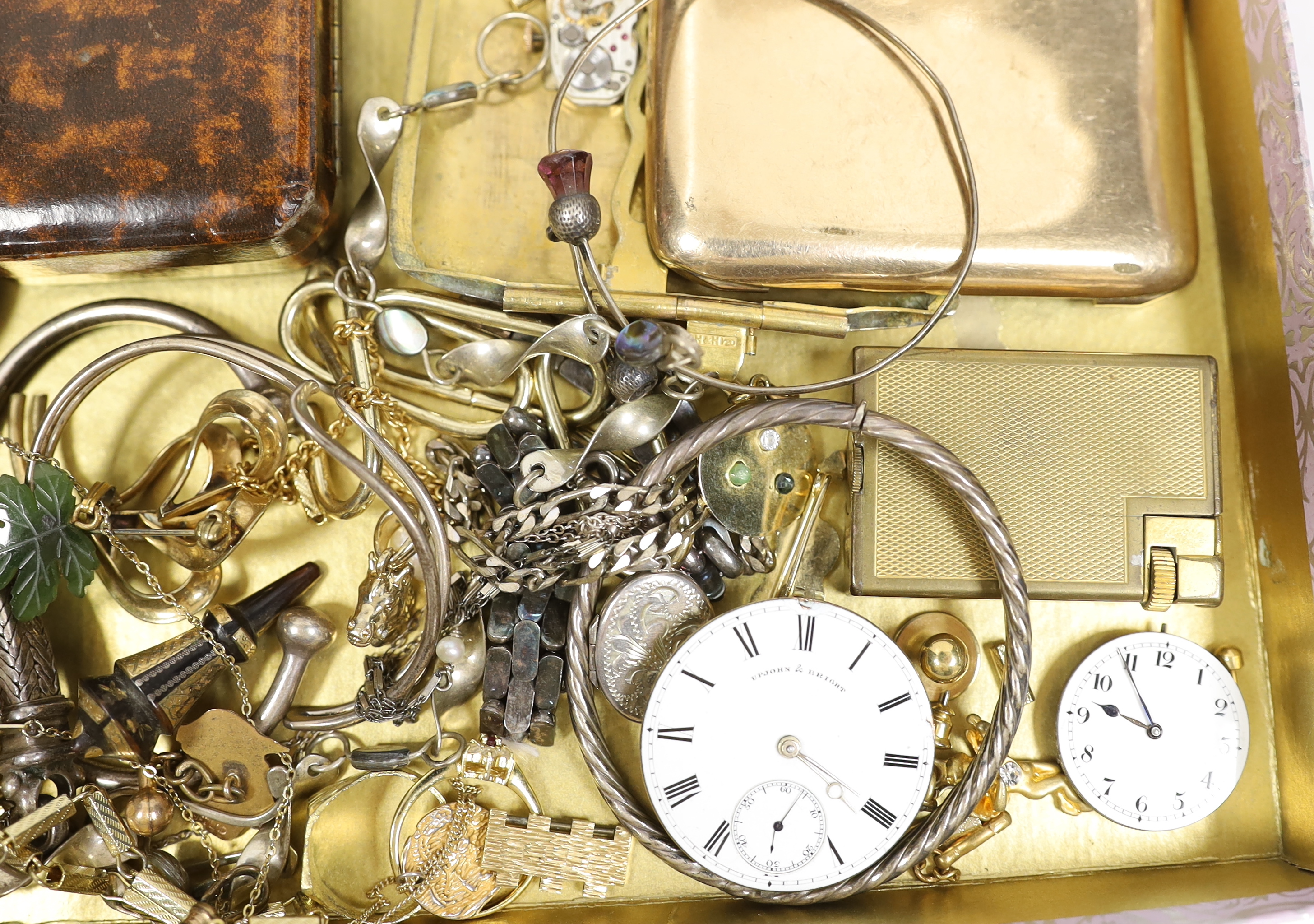 A quantity of assorted mainly costume jewellery and other items including a silver hinged bangle, pair of 925 drop earrings, 925 bracelet, pocket watch movements, etc.